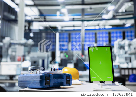 Copy space screen in photovoltaics factory used to manage system performance. Chroma key on high tech tablet tracking solar panels manufacturing plant energy production and efficiency. 133633941