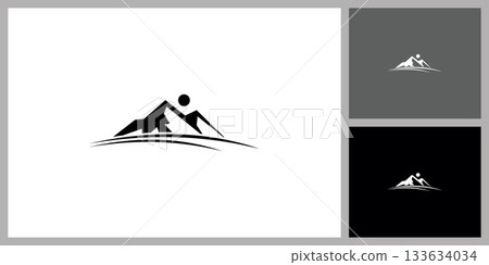 Mountain Landscape Symbol with Sun for Adventure and Travel 133634034