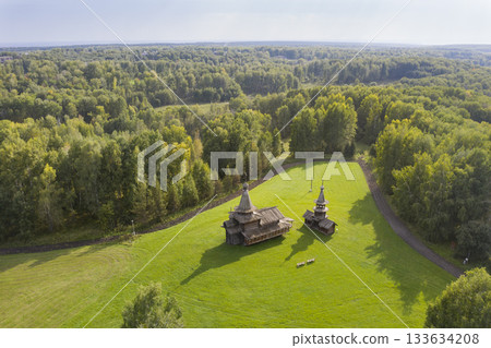 Aerial view of Spaso-Zashiverskaya Church built of wood without nails in 1600 in Siberia, Russia 133634208