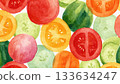 Watercolor texture of fresh vegetable slices Colorful food background material 133634247