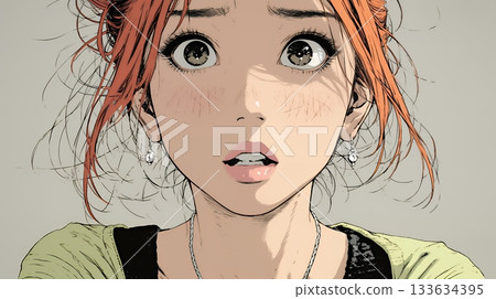 A young woman gasps in shock, her eyes wide open and her mouth hanging open 133634395