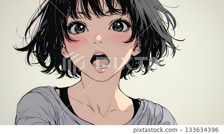 A young woman gasps in shock, her eyes wide open and her mouth hanging open 133634396