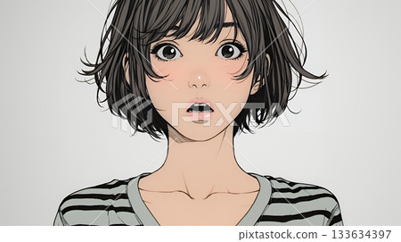 A young woman gasps in shock, her eyes wide open and her mouth hanging open 133634397