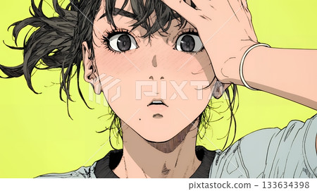 A young woman gasps in shock, her eyes wide open and her mouth hanging open 133634398