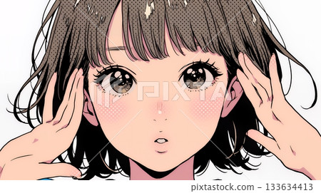 A young woman gasps in shock, her eyes wide open and her mouth hanging open 133634413