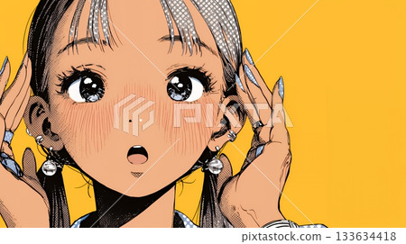 A young woman gasps in shock, her eyes wide open and her mouth hanging open 133634418