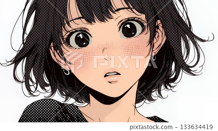 A young woman gasps in shock, her eyes wide open and her mouth hanging open 133634419