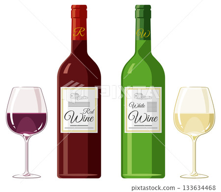 插圖展示了紅酒和白酒倒入酒杯和酒瓶的情景。 133634468