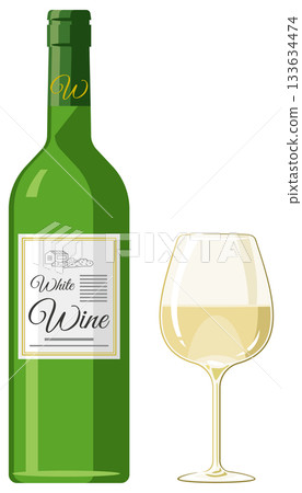一幅插圖，描繪了一杯白葡萄酒和一瓶酒。 133634474