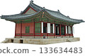 Hanok traditional Korean house Image with detailed roof and elegant wooden architecture for cultural heritage and travel, isolated on transparent background. 133634483