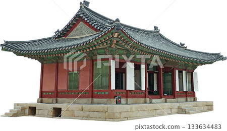 Hanok traditional Korean house Image with detailed roof and elegant wooden architecture for cultural heritage and travel, isolated on transparent background. Hanok traditional Korean house Image with detailed roof and elegant wooden architecture for cultural heritage and travel, isolated on transparent background. 133634483