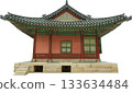 Hanok traditional Korean house Image with detailed roof and elegant wooden architecture for cultural heritage and travel, isolated on transparent background. 133634484