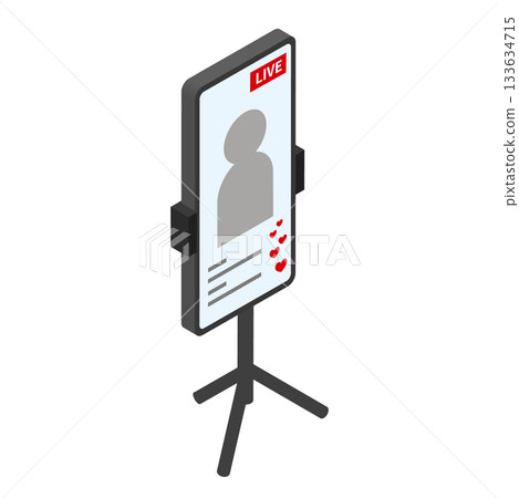 Live streaming isometric illustration of a smartphone with a person silhouette Live streaming isometric illustration of a smartphone with a person silhouette 133634715