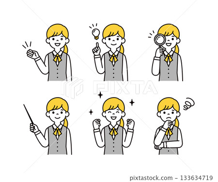 Upper body vector illustration set of young women and office ladies wearing uniforms_Pose variations 133634719