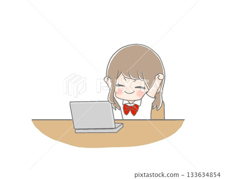 Female student stretching in front of a computer 133634854