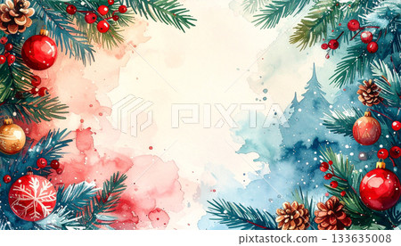 水彩風格的聖誕裝飾品背景素材，中間留有文字空間。 133635008