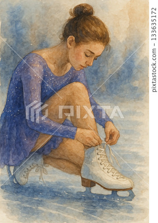 Illustration of a figure skater tying his shoelaces with focused concentration. 133635172