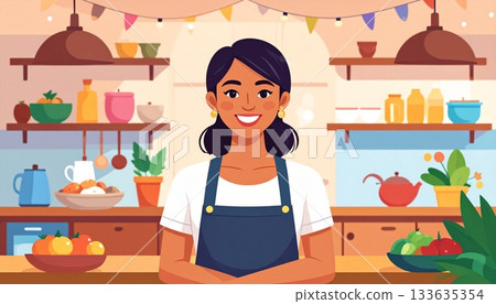 Illustration of a gently smiling housewife, soft atmosphere 133635354
