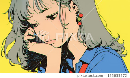 一位表情困惑的年輕女子：一位情緒複雜而微妙的女子 133635372