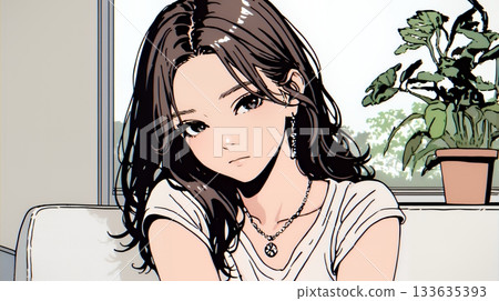 一位表情困惑的年輕女子：一位情緒複雜而微妙的女子 133635393