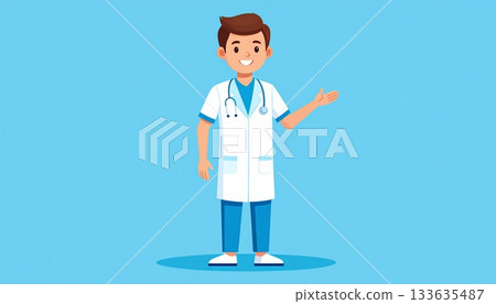 一位微笑的護士正在引導，環境清潔，藍色背景。 133635487