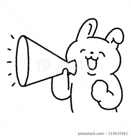 一隻微笑的兔子拿著擴音器（線條畫） 133635561