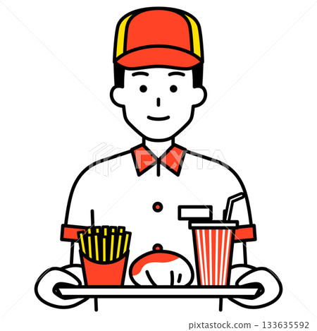 快餐店的一名男性員工拿著一套漢堡套餐 133635592