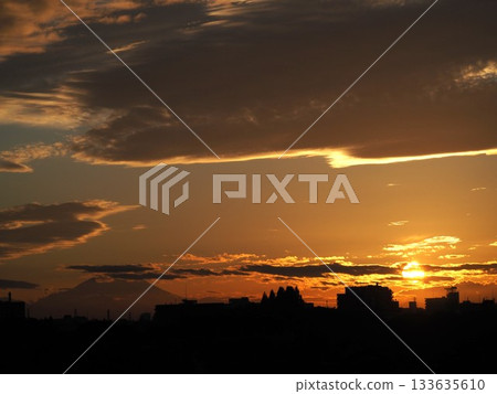 Beautiful sunset and the silhouette of Mt. Fuji Beautiful sunset and the silhouette of Mt. Fuji 133635610