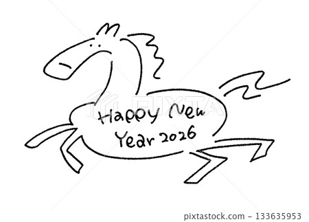 HAPPY NEW YEAR 2026 message on a running horse - loose line drawing 133635953
