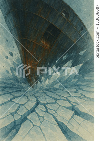 Watercolor Icebreaker Illustration | Bow Striking Ice × Arctic Voyage × Dynamic Power Scene 133636087