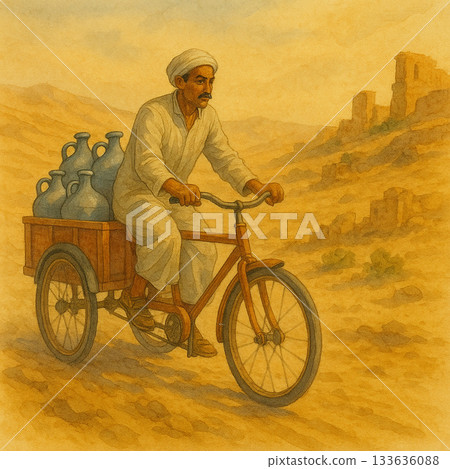 水彩中東男子腳踏車運水插畫｜沙漠古城 × 生活場景 × 溫暖色調 133636088