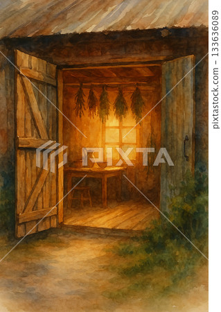 Watercolor Wooden House Interior Candlelight Illustration | Country Cottage × Dried Herbs × Warm Nighttime Atmosphere Watercolor Wooden House Interior Candlelight Illustration | Country Cottage × Dried Herbs × Warm Nighttime Atmosphere 133636089