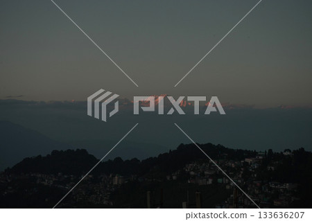 Kanchenjunga Peak Alpenglow View over Darjeeling Town Dusk Kanchenjunga Peak Alpenglow View over Darjeeling Town Dusk 133636207