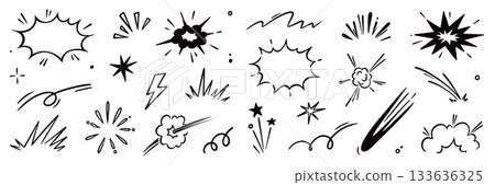 Comic line speed effect cartoon explosive vector set. Hand drawn sketch doodle comic line speed motion, explosive cartoon burst, boom energy, impact power action element. Vector 133636325