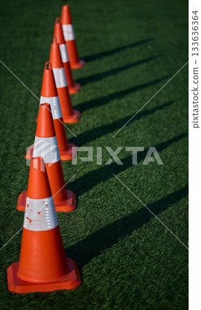 Orange traffic cones stand neatly on a grassy area. Orange traffic cones stand neatly on a grassy area. 133636364