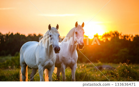Two horses close-up standing in the rays of the sunset Two horses close-up standing in the rays of the sunset 133636471
