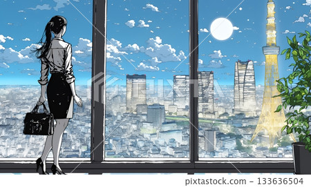 一位職業婦女俯瞰摩天大樓 一位職業婦女俯瞰摩天大樓 133636504