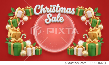 Red Christmas Sale Banner with Festive Decorations 133636631