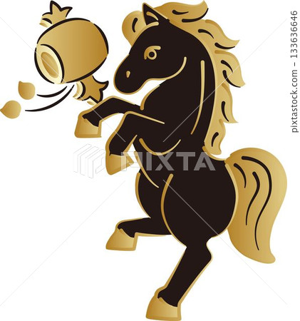 一幅描繪金馬和木槌的插圖，可用於製作馬年新年賀卡。 133636646