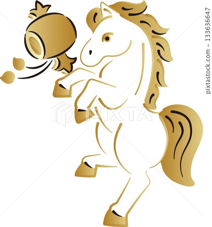 Illustration of a golden horse and a mallet, material for New Year's cards for the Year of the Horse Illustration of a golden horse and a mallet, material for New Year's cards for the Year of the Horse 133636647