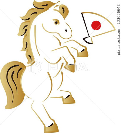 Illustration of a golden horse and a fan, material for New Year's cards for the Year of the Horse Illustration of a golden horse and a fan, material for New Year's cards for the Year of the Horse 133636648