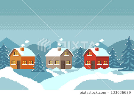 Village in winter with pine and snow on mountain background. 133636689