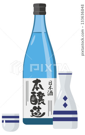 Illustration of sake (honjozo) and a bottle 133636848