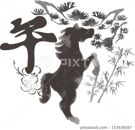 New Year 2026 - Ink-drawing illustration of a horse and pine, bamboo, and plum, New Year's card for the Year of the Horse, Japanese-style design material New Year 2026 - Ink-drawing illustration of a horse and pine, bamboo, and plum, New Year's card for the Year of the Horse, Japanese-style design material 133636887