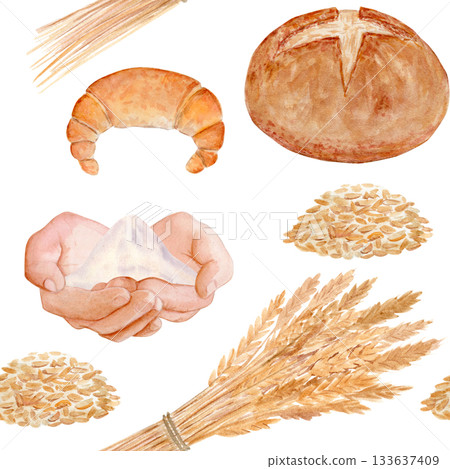 Crescent roll, round bread, wheat grains, wheat bundle. Seamless watercolor pattern on white background. Perfect for bakery packaging, kitchen textiles, menu, wrapping paper, rustic food branding Crescent roll, round bread, wheat grains, wheat bundle. Seamless watercolor pattern on white background. Perfect for bakery packaging, kitchen textiles, menu, wrapping paper, rustic food branding 133637409