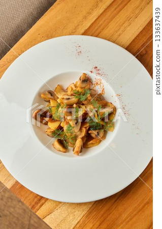 premium cooked mushroom dish, gourmet mushroom cuisine styled for upscale menus and campaigns 133637439