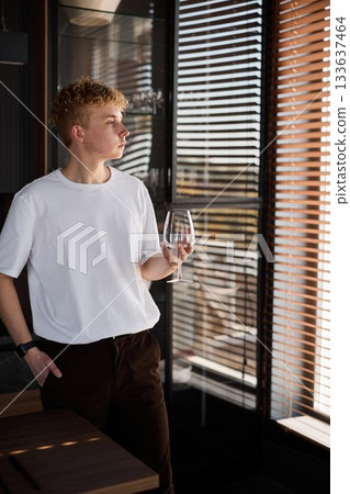 Portrait showcasing young man with wine glass in sunlight 133637464