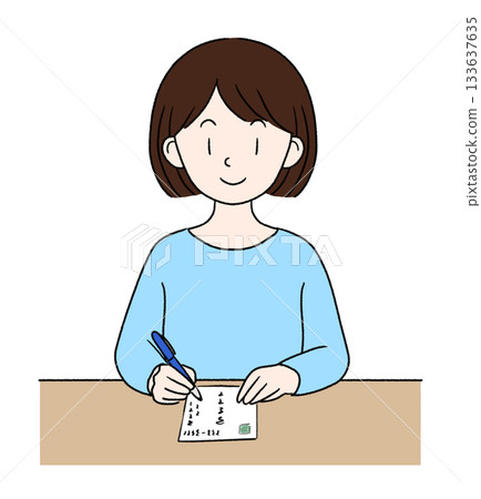 Illustration of a person writing a postcard or New Year's card Illustration of a person writing a postcard or New Year's card 133637635