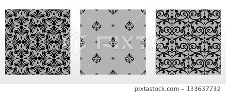 Geometric floral set of seamless patterns. Gray and black vector backgrounds. Damask graphic ornaments 133637732