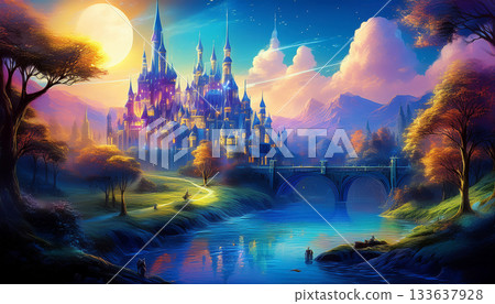 A fairytale landscape painting of a fairy castle. 133637928